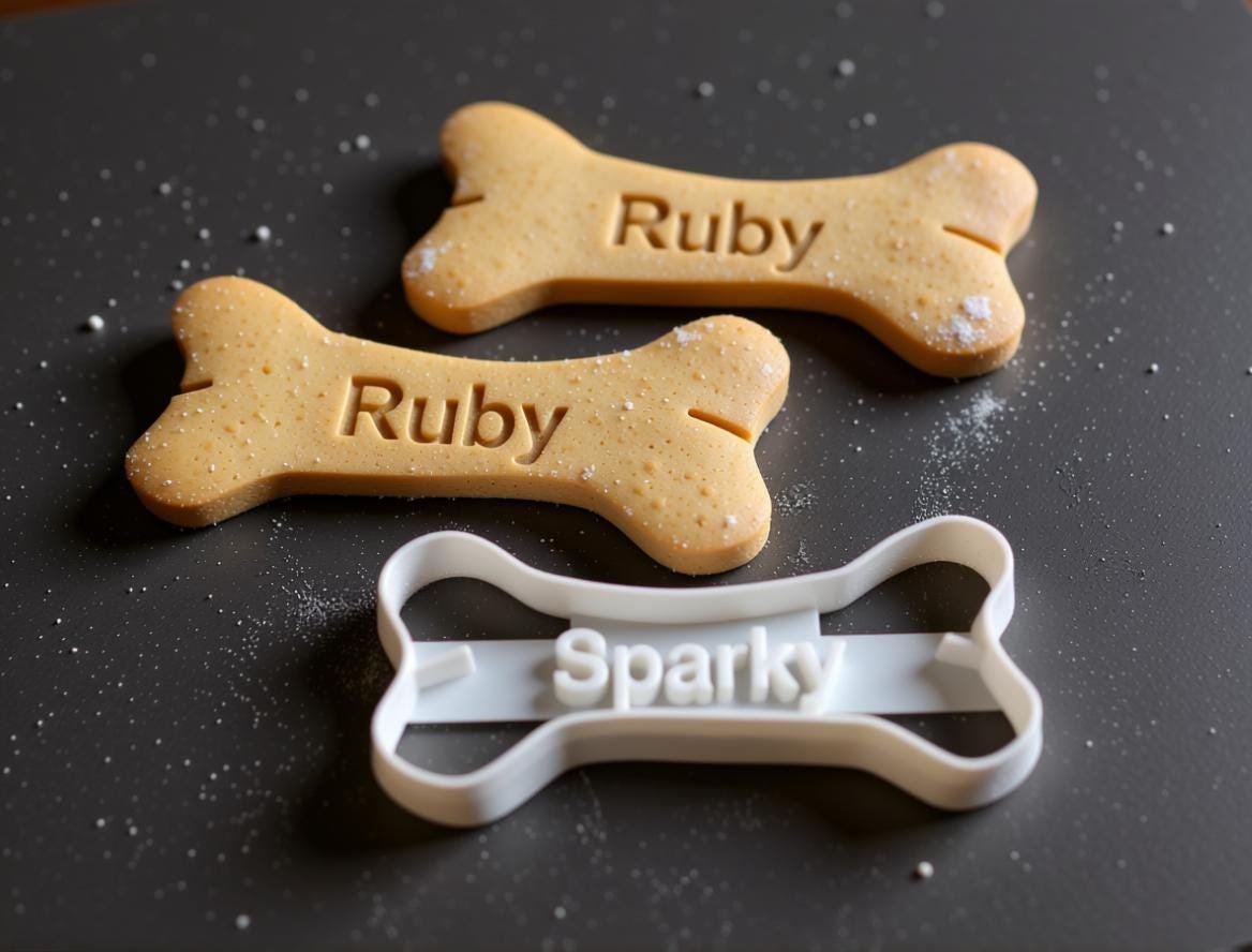 Personalized dog-bone cookie cutter and treats stamped with pet names.