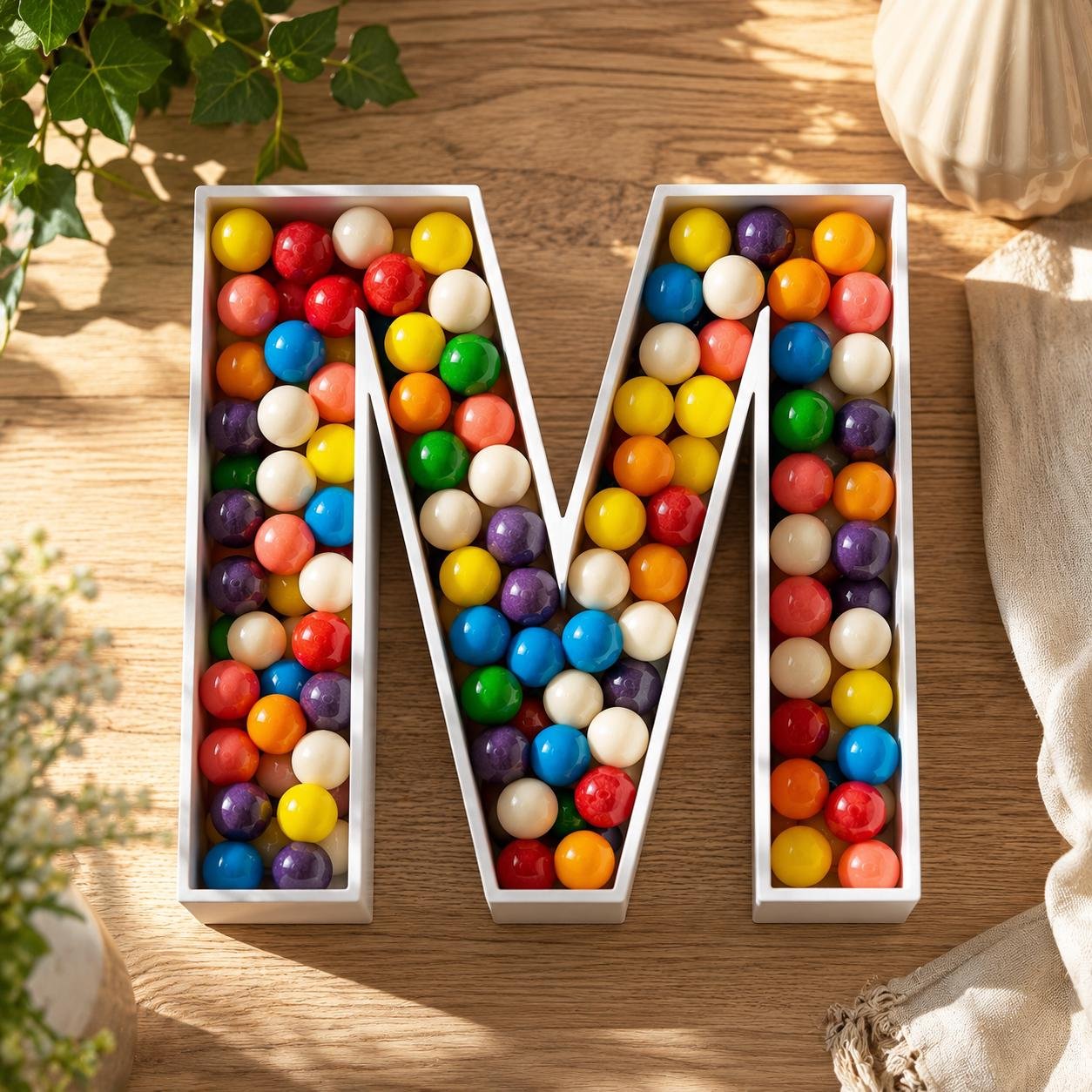 CO3DPrint letter M tray filled with colorful candy.